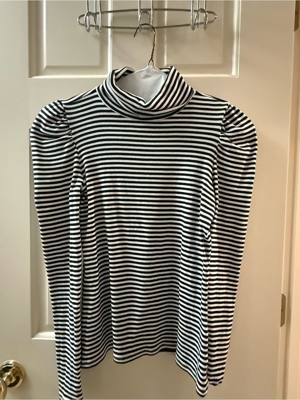 Veronica Beard Black & White Striped Turtleneck with Puff Shoulders